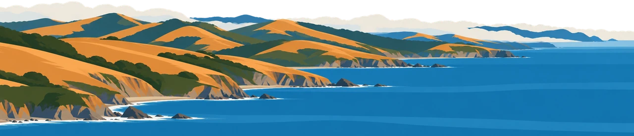 Flat graphic illustration of golden coastal hills and dark scrub dropping into blue Pacific coves, with a bank of fog over the ridges.